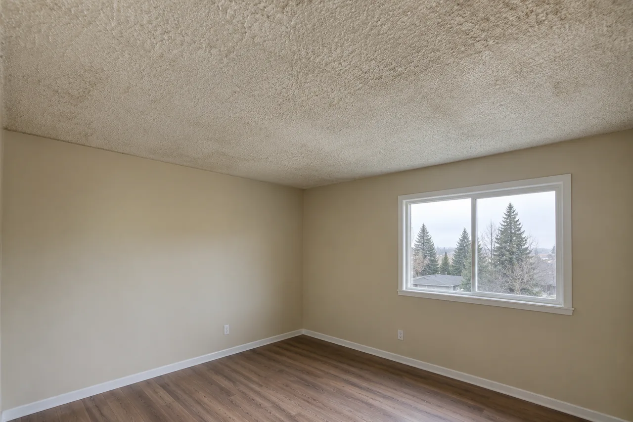 A room with raised popcorn texture across the ceiling.