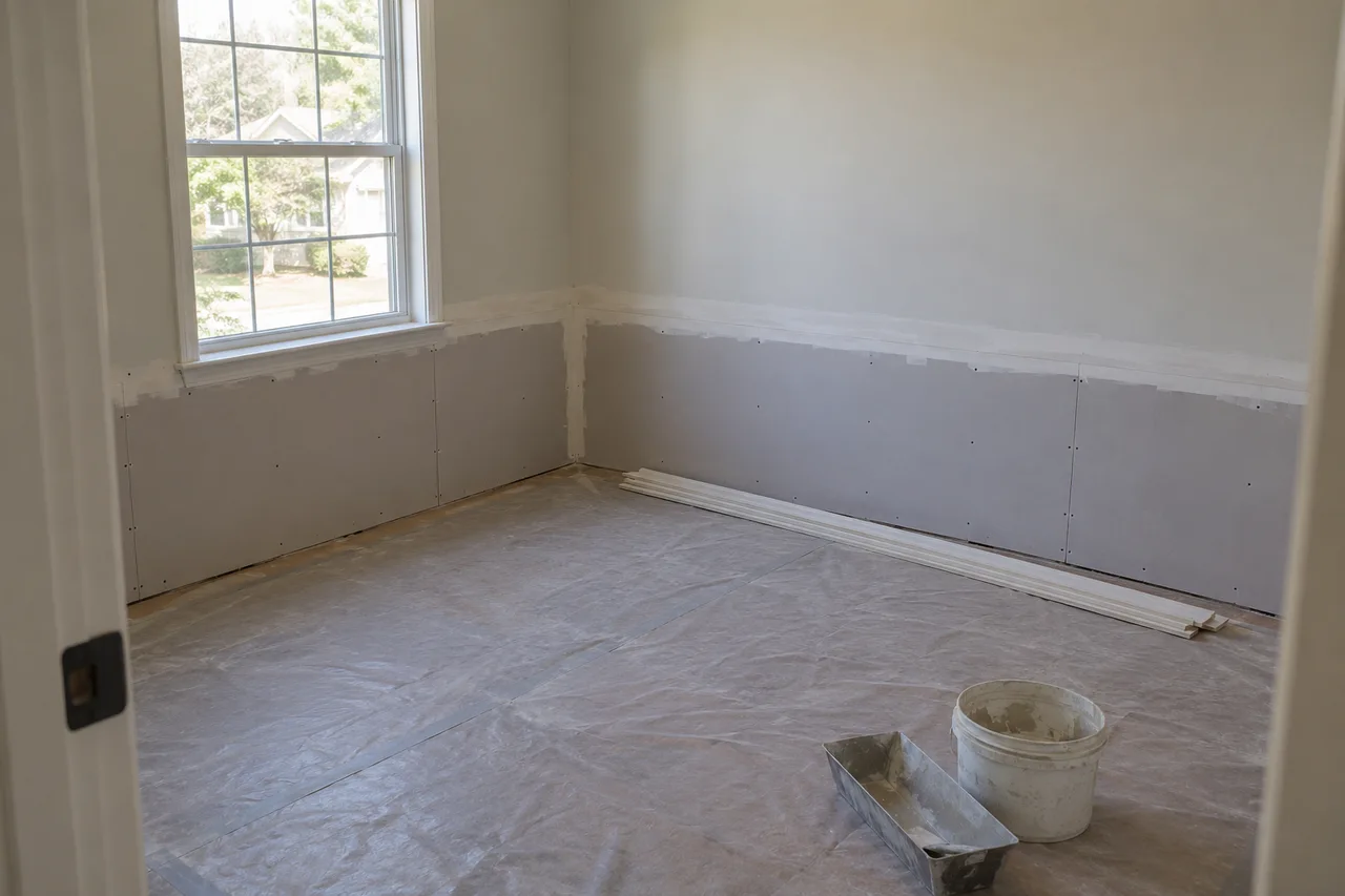 Replacement drywall along the lower walls, with the upper wall finish retained.